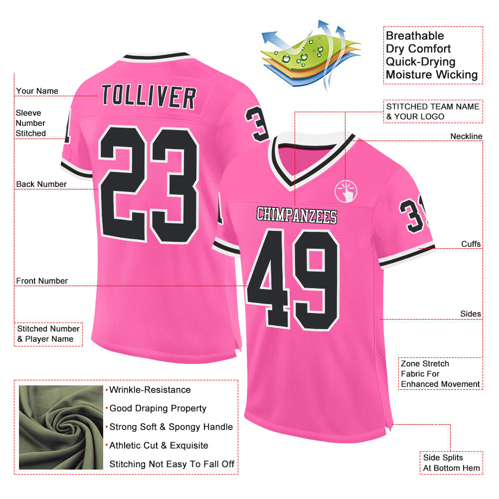 Custom Pink Black-White Mesh Authentic Throwback Football Jersey view 2