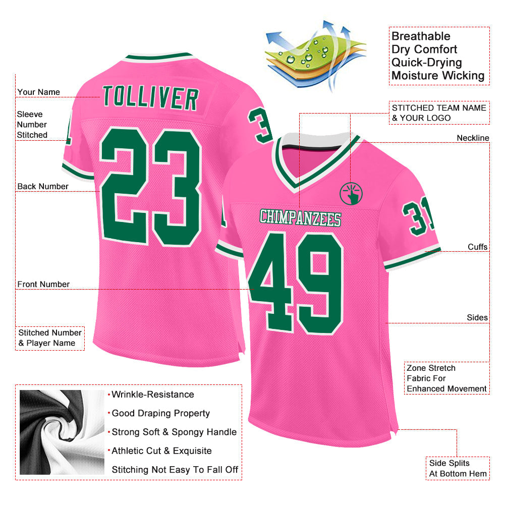 Custom Pink Kelly Green-White Mesh Authentic Throwback Football Jersey view 2