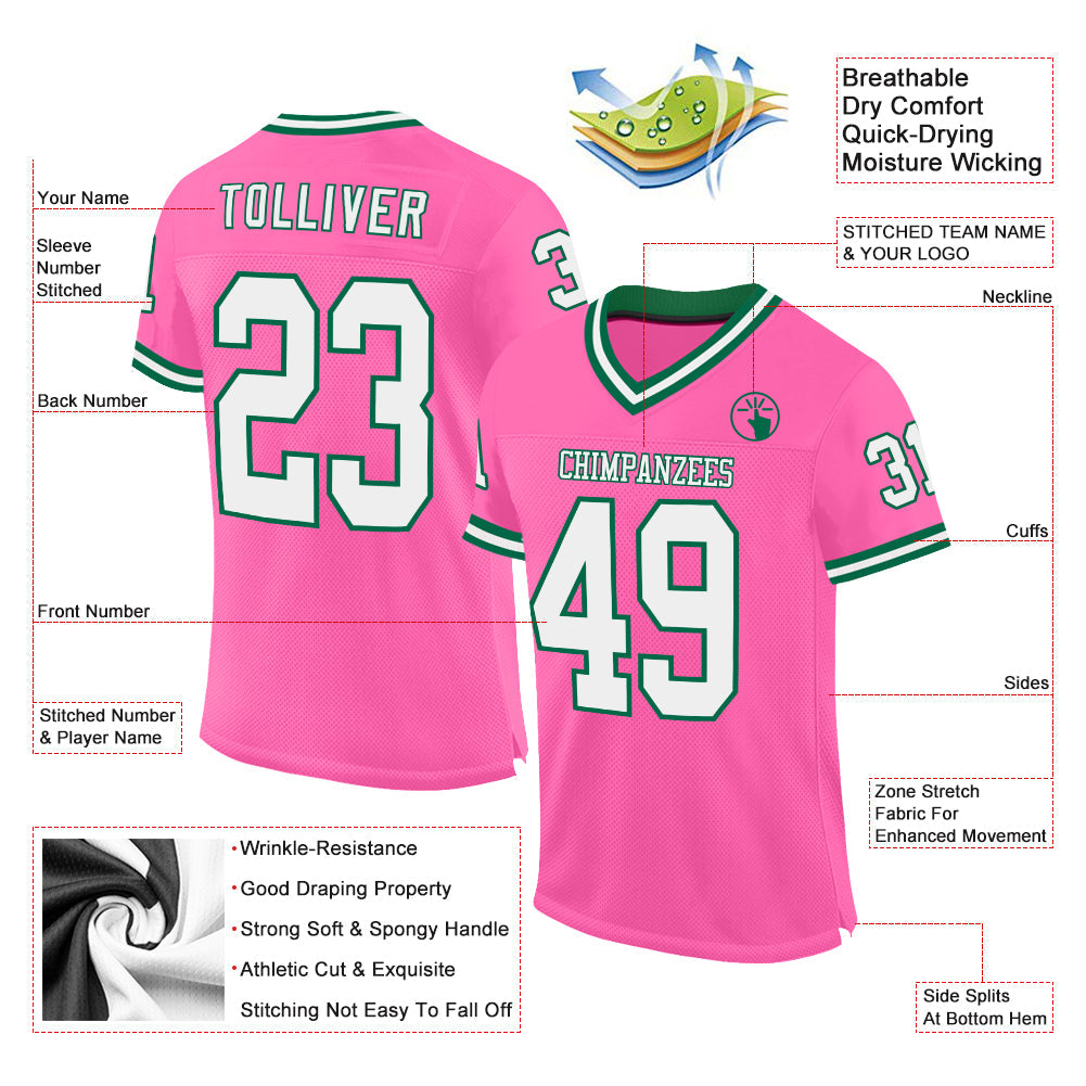 Custom Pink White-Kelly Green Mesh Authentic Throwback Football Jersey view 2