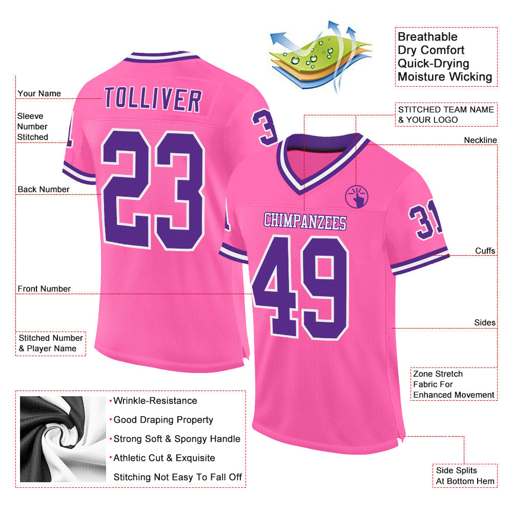 Custom Pink Purple-White Mesh Authentic Throwback Football Jersey view 2