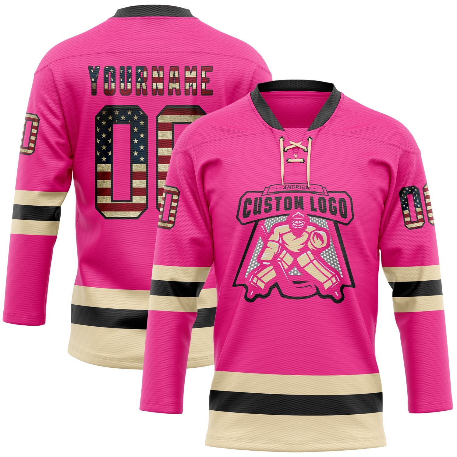 Custom Pink Vintage USA Flag Black-Cream Hockey Lace Neck Jersey view 2
