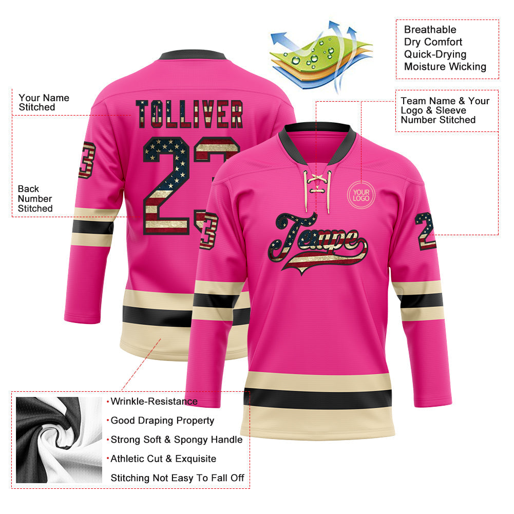 Custom Pink Vintage USA Flag Black-Cream Hockey Lace Neck Jersey view 3