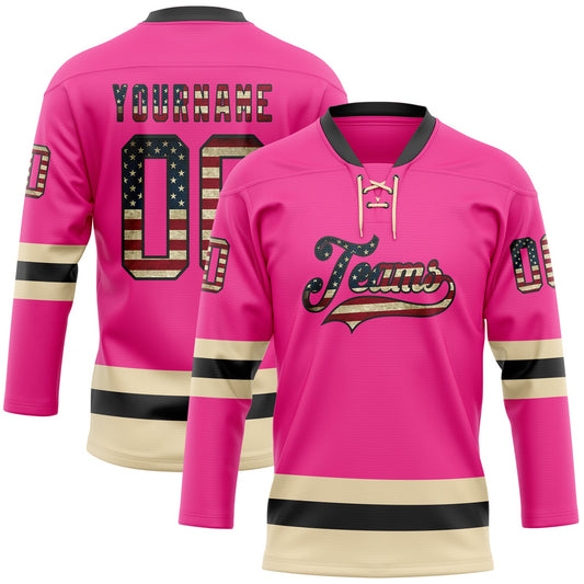 Custom Pink Vintage USA Flag Black-Cream Hockey Lace Neck Jersey - Main View