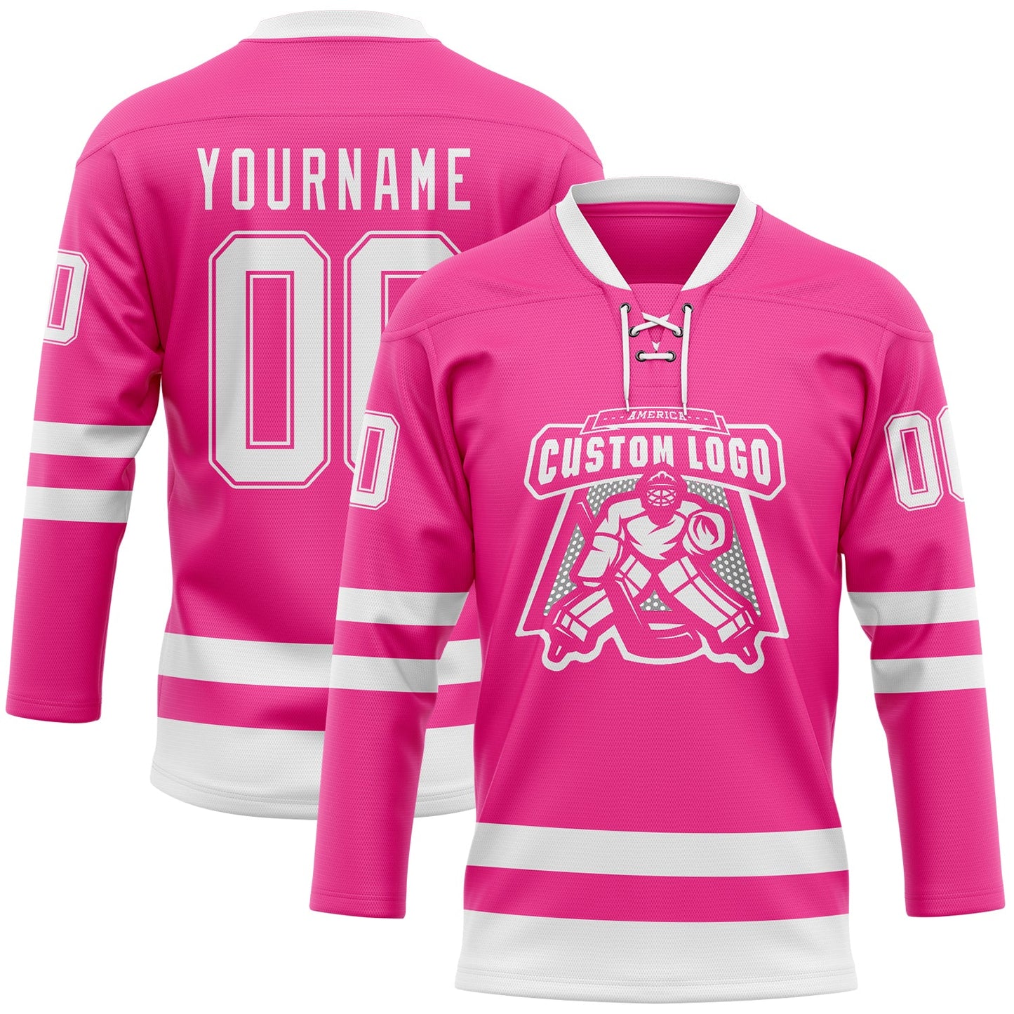 Custom Pink White Hockey Lace Neck Jersey view 2