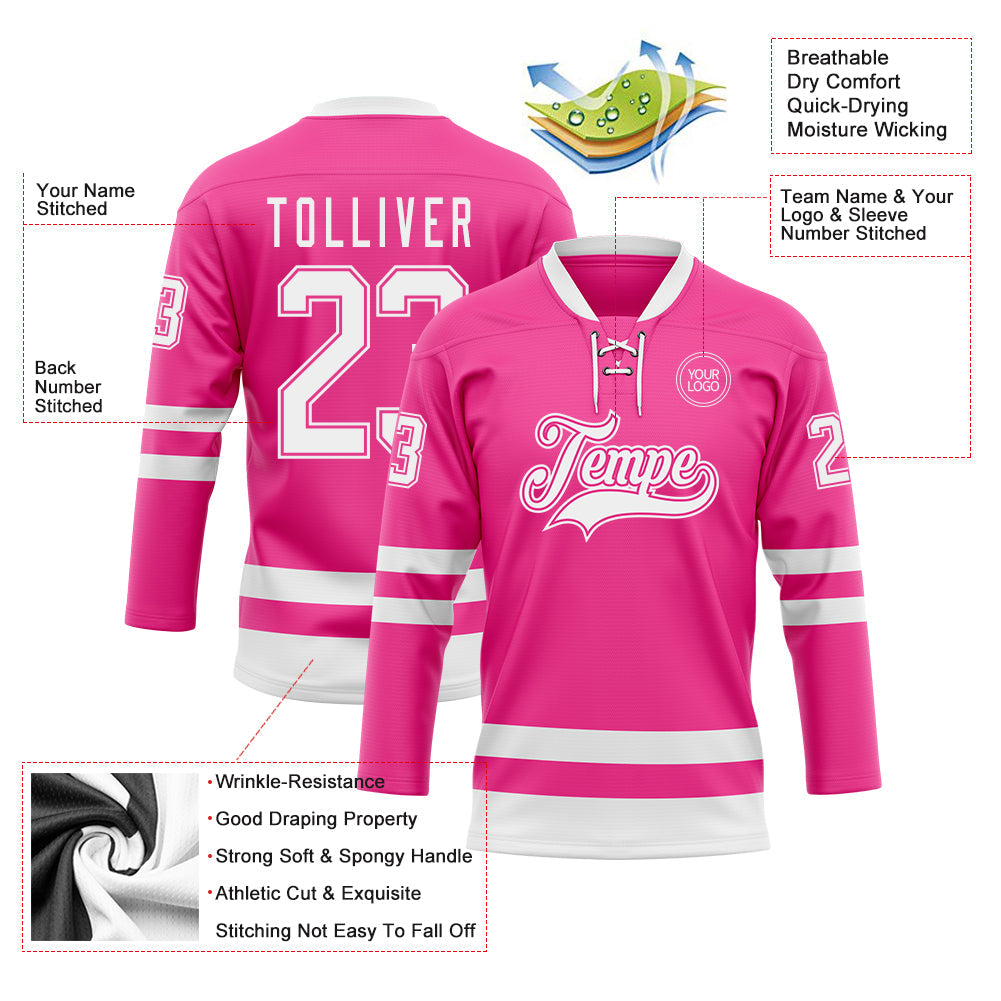 Custom Pink White Hockey Lace Neck Jersey view 3