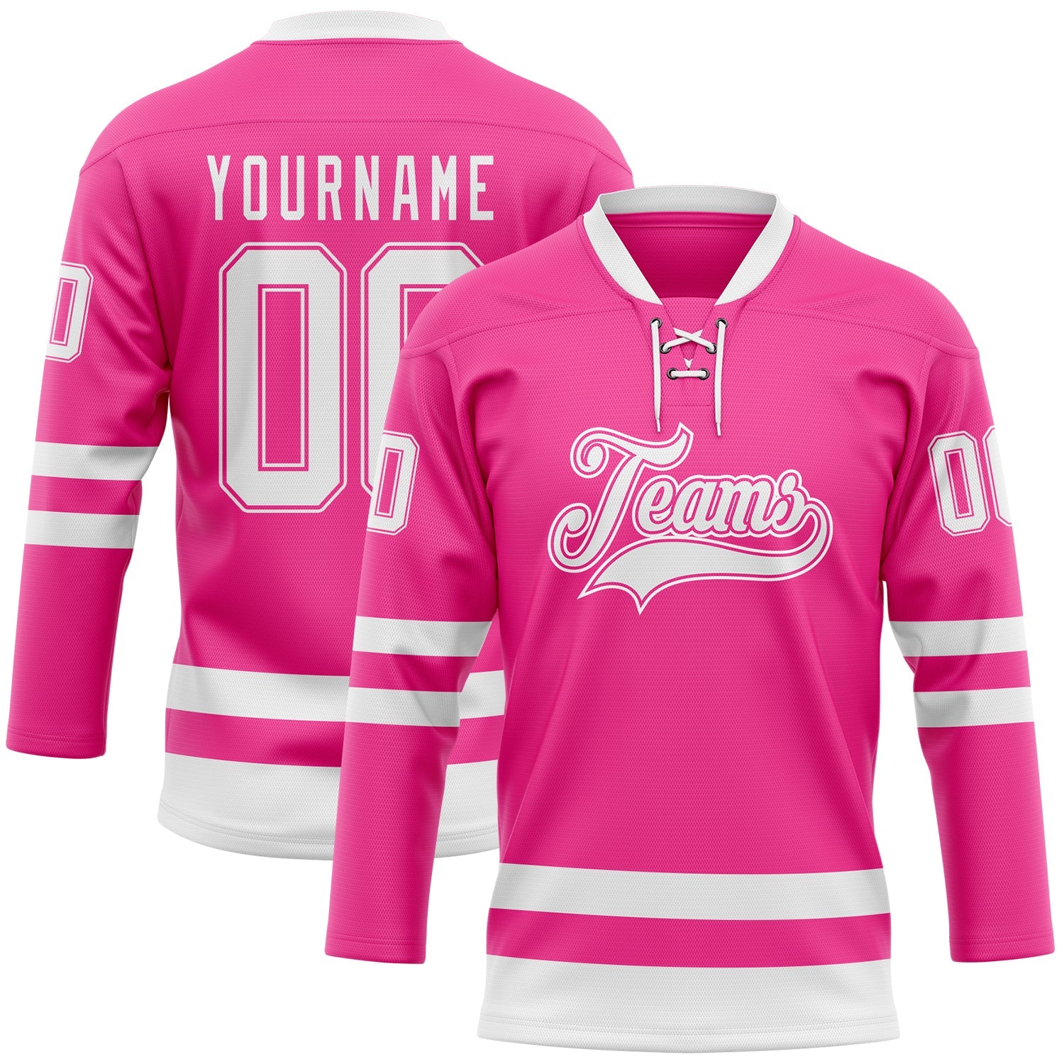 Custom Pink White Hockey Lace Neck Jersey - Main View