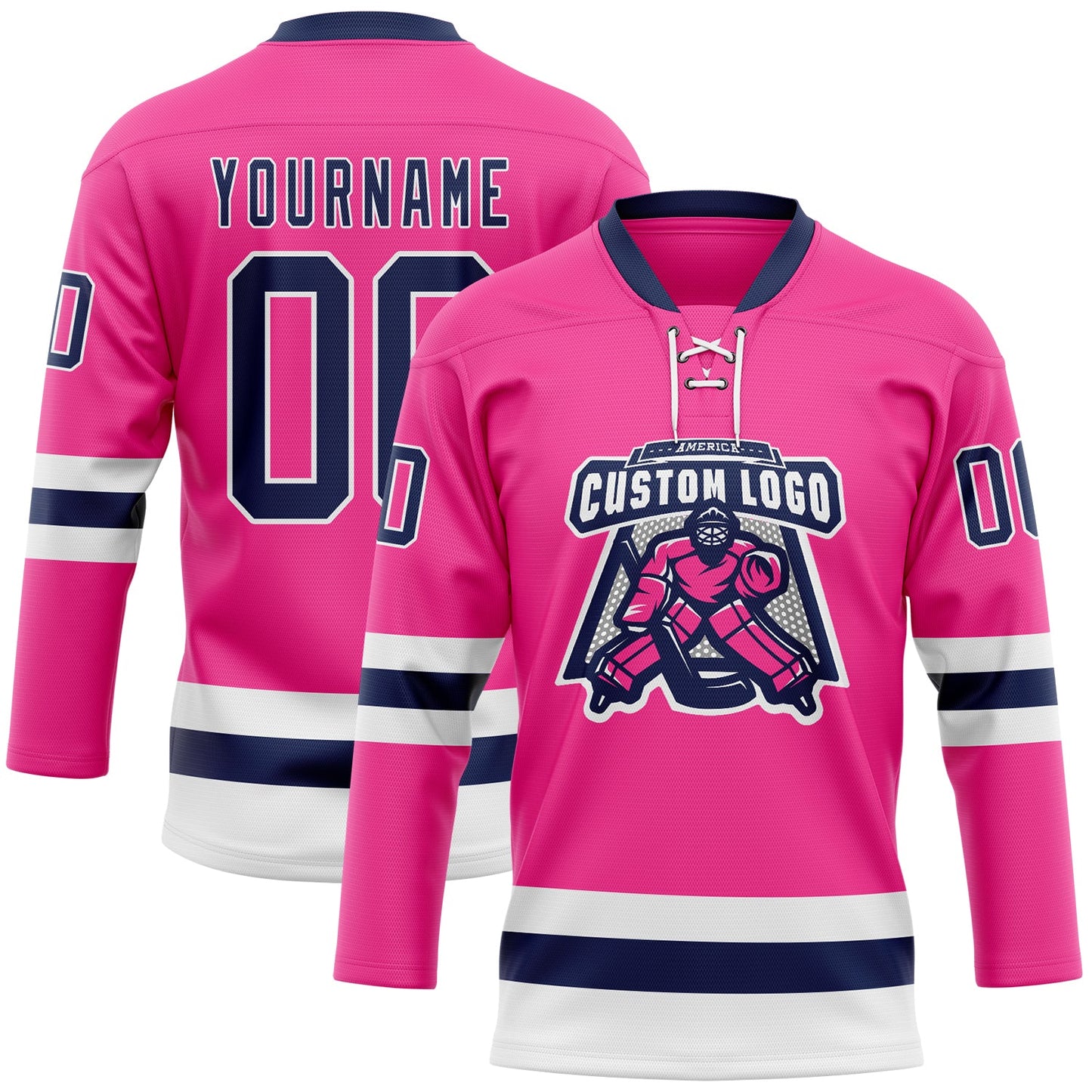 Custom Pink Navy-White Hockey Lace Neck Jersey view 2