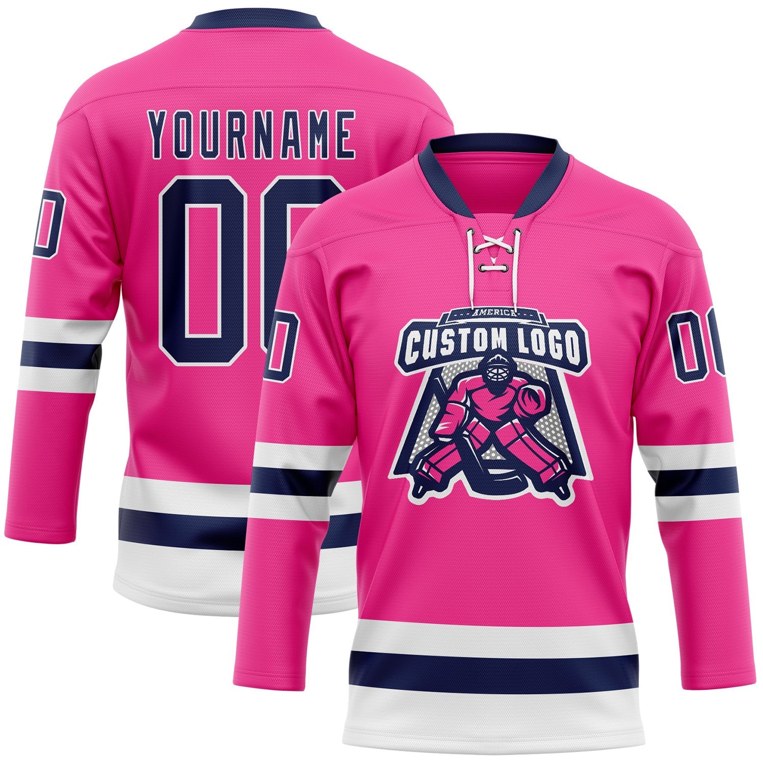 Custom Pink Navy-White Hockey Lace Neck Jersey view 2