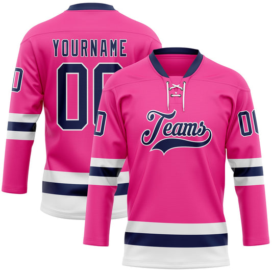 Custom Pink Navy-White Hockey Lace Neck Jersey - Main View