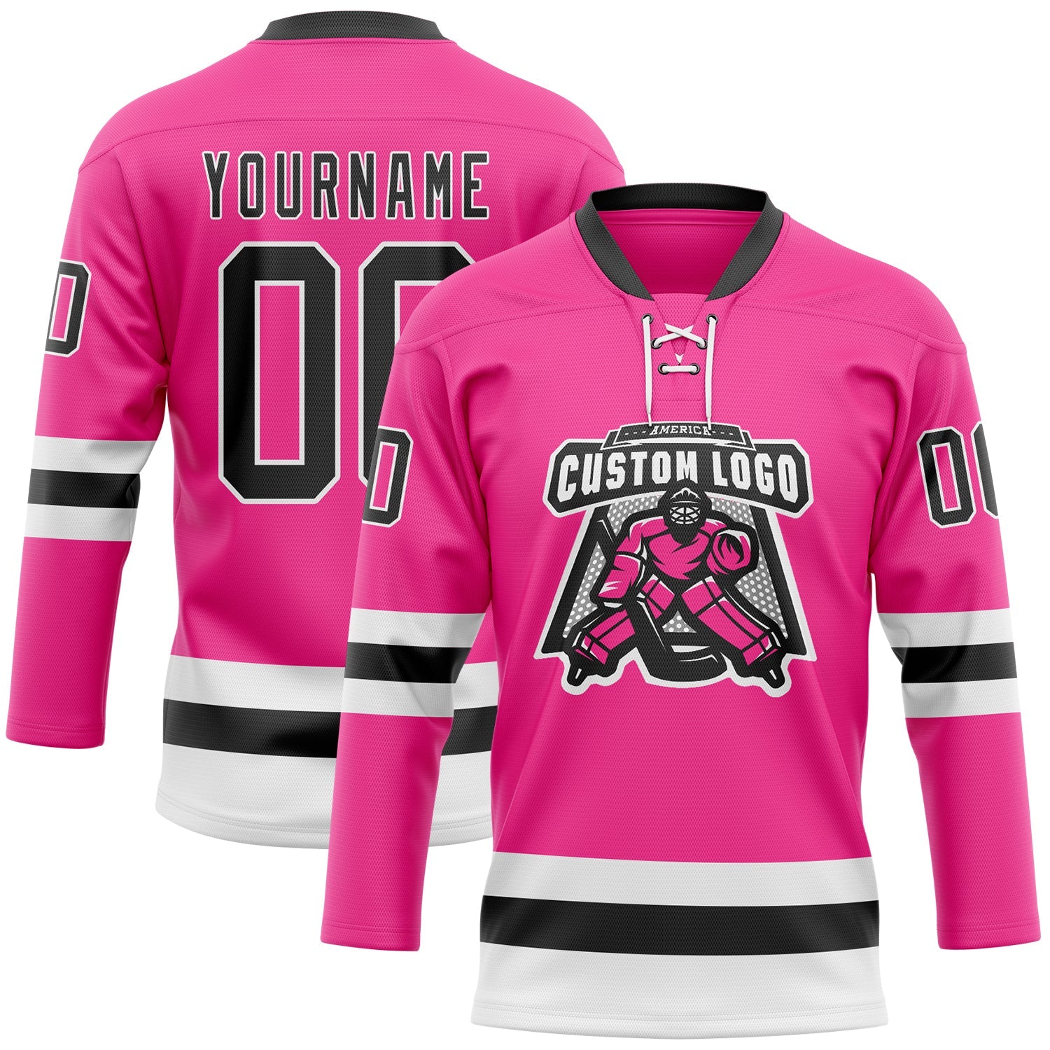 Custom Pink Black-White Hockey Lace Neck Jersey view 2