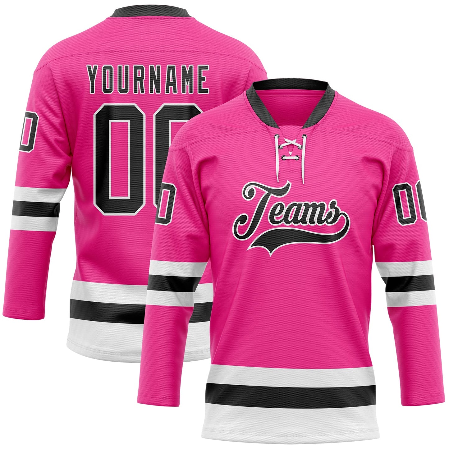 Custom Pink Black-White Hockey Lace Neck Jersey - Main View