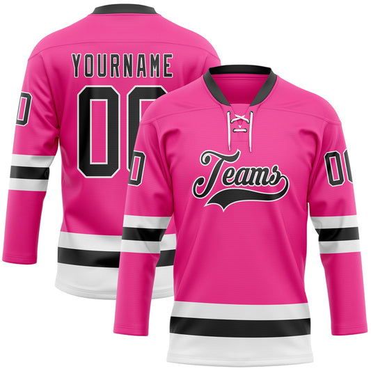 Custom Pink Black-White Hockey Lace Neck Jersey - Main View