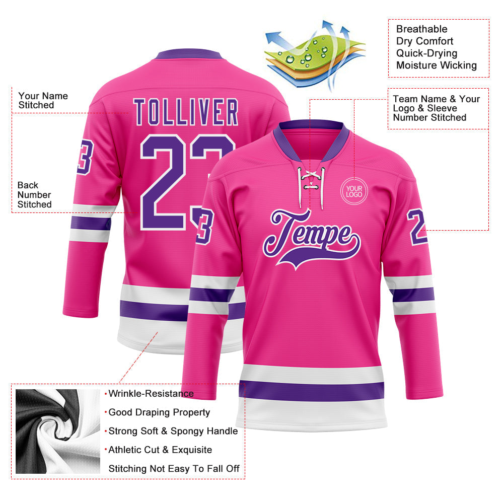 Custom Pink Purple-White Hockey Lace Neck Jersey view 3