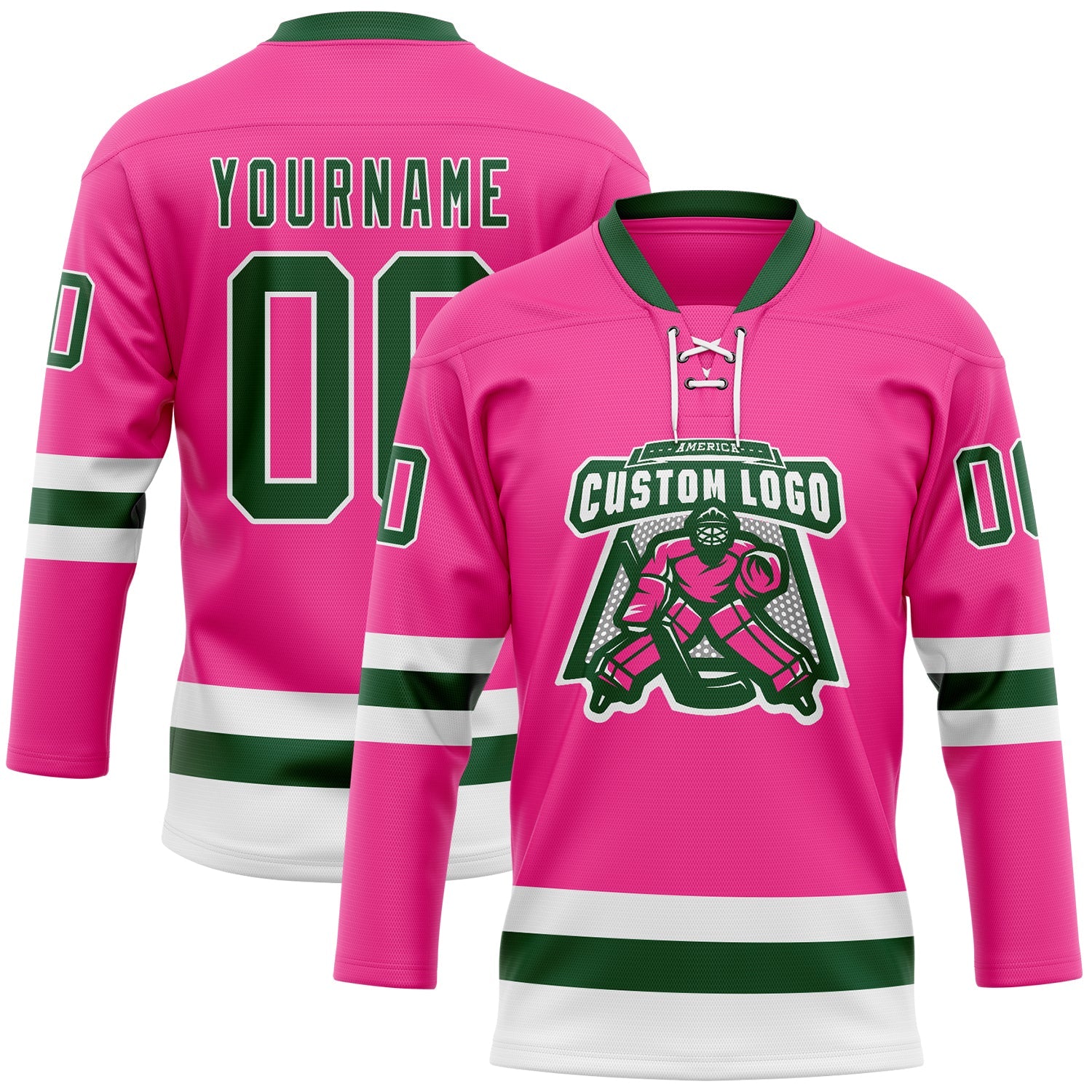 Custom Pink Green-White Hockey Lace Neck Jersey view 2