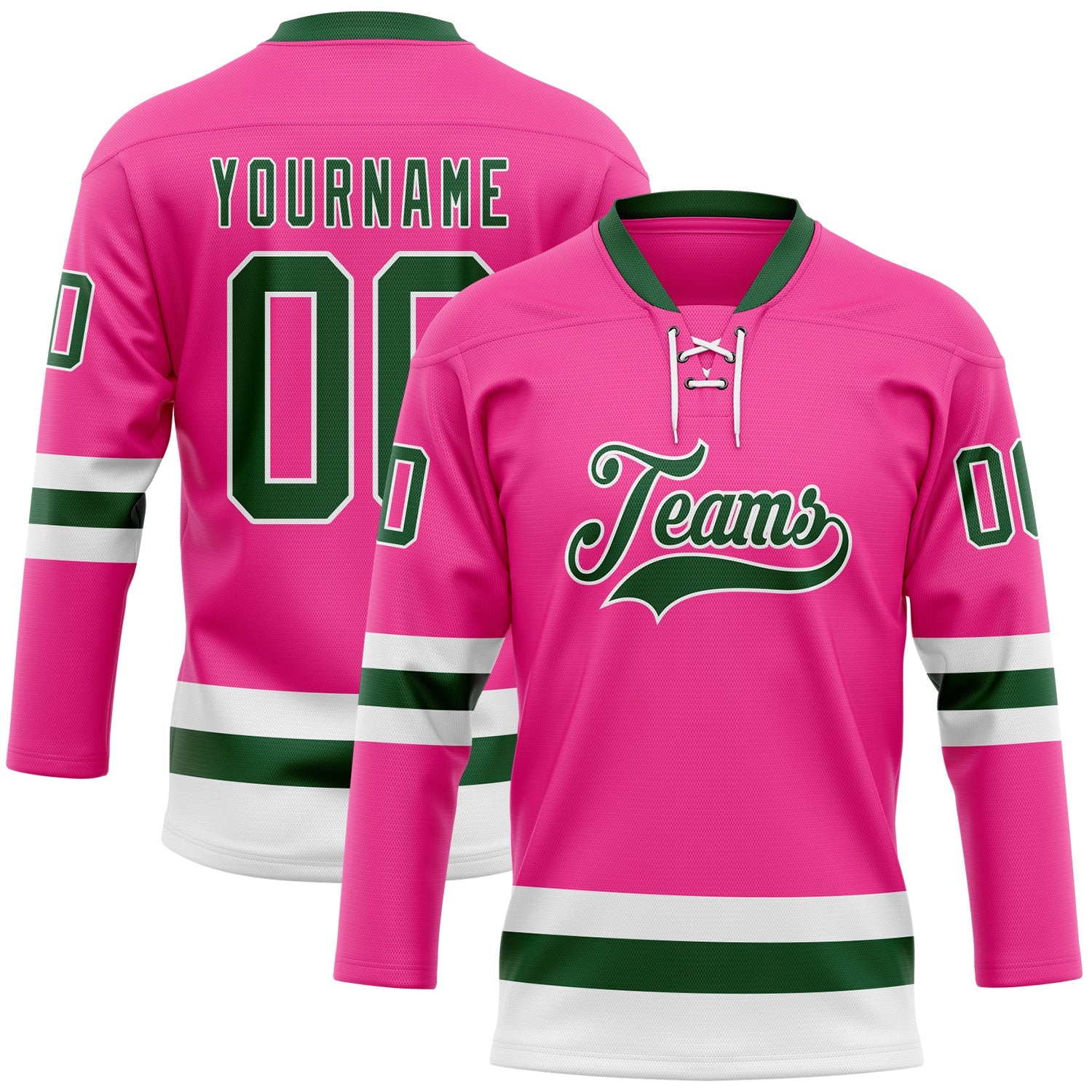 Custom Pink Green-White Hockey Lace Neck Jersey - Main View