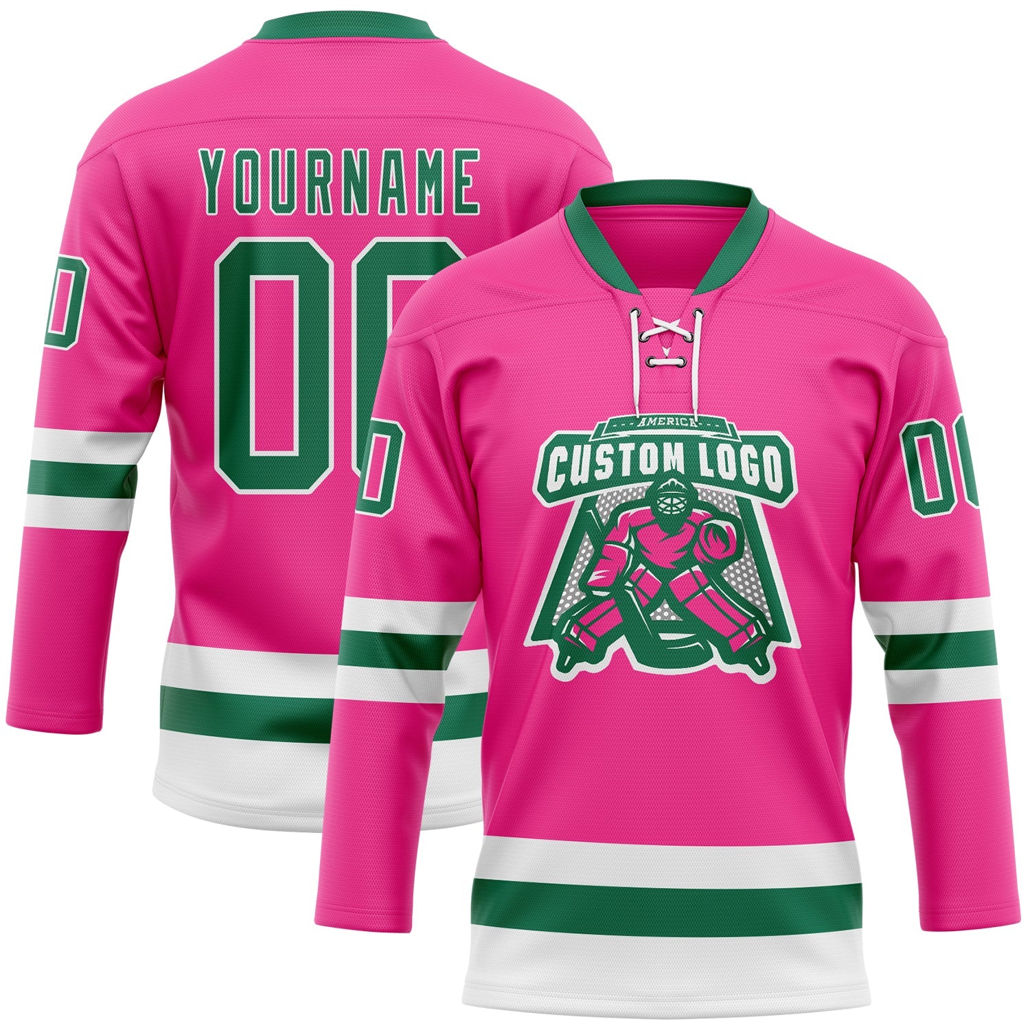 Custom Pink Kelly Green-White Hockey Lace Neck Jersey view 2