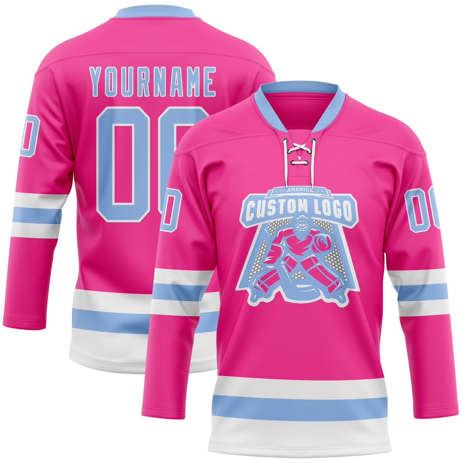 Custom Pink Light Blue-White Hockey Lace Neck Jersey view 2