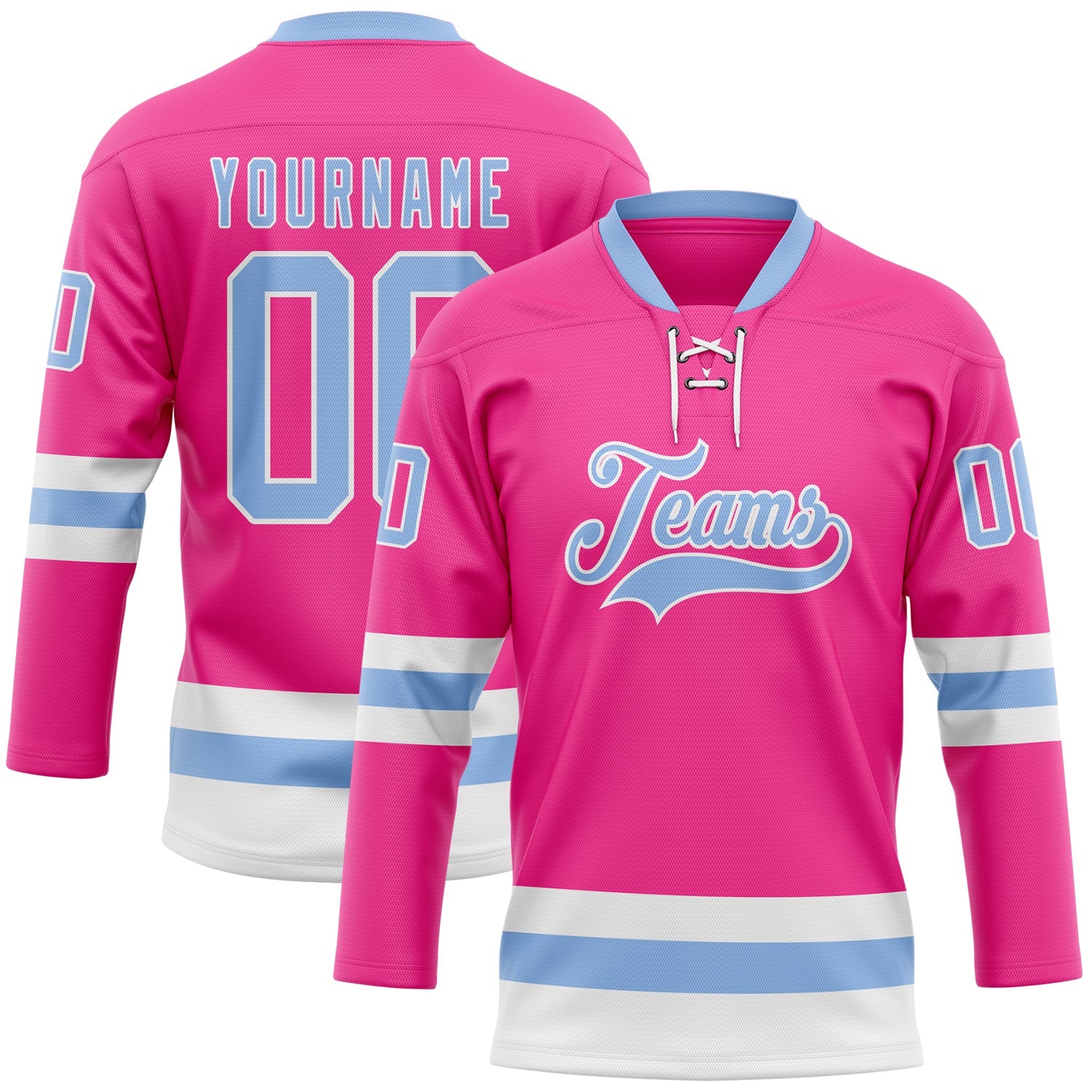 Custom Pink Light Blue-White Hockey Lace Neck Jersey - Main View