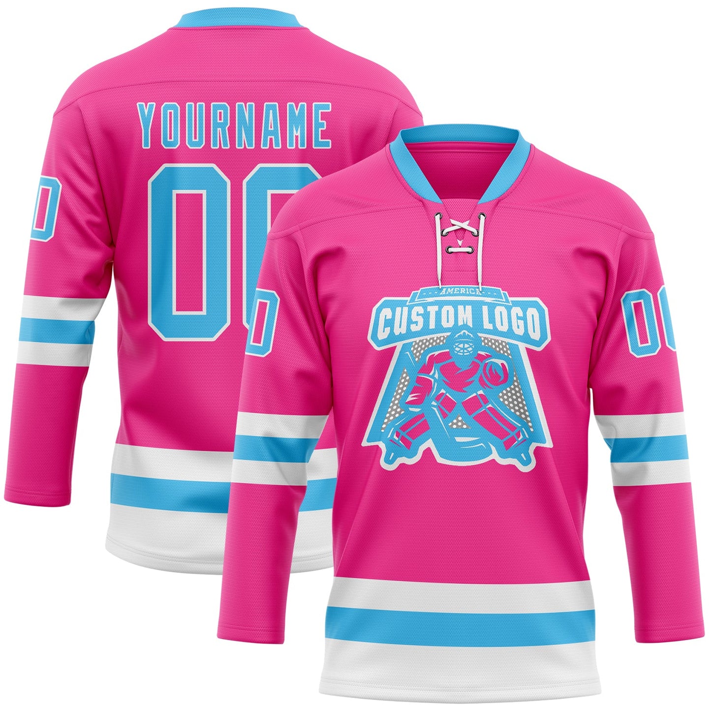 Custom Pink Sky Blue-White Hockey Lace Neck Jersey view 2