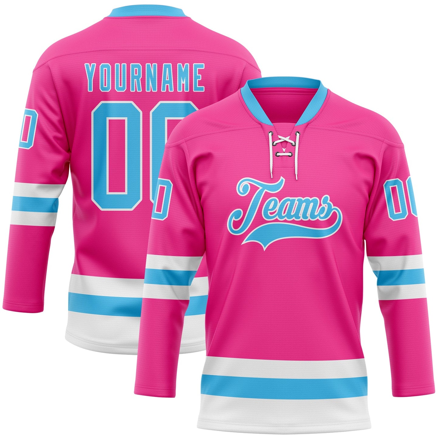 Custom Pink Sky Blue-White Hockey Lace Neck Jersey - Main View