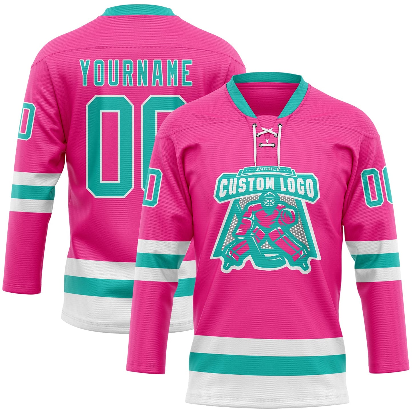 Custom Pink Aqua-White Hockey Lace Neck Jersey view 2