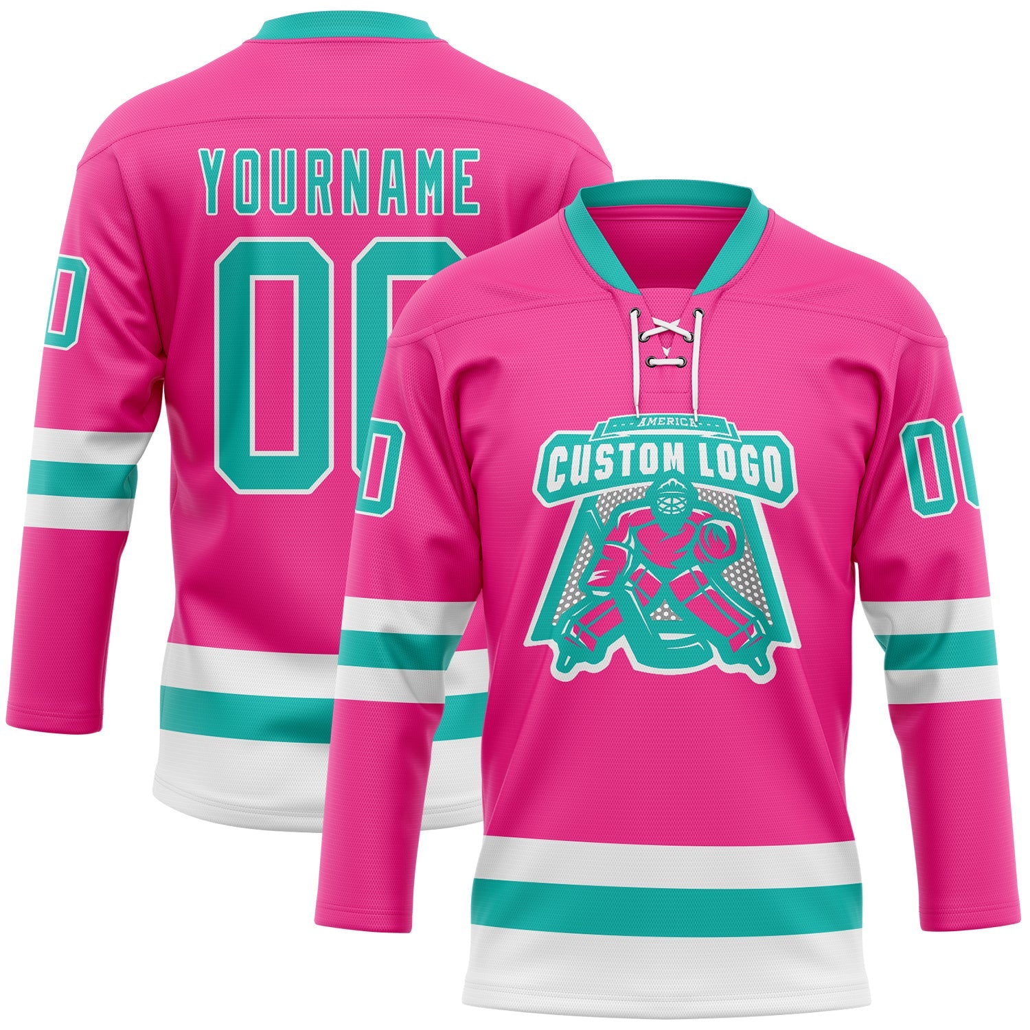 Custom Pink Aqua-White Hockey Lace Neck Jersey view 2