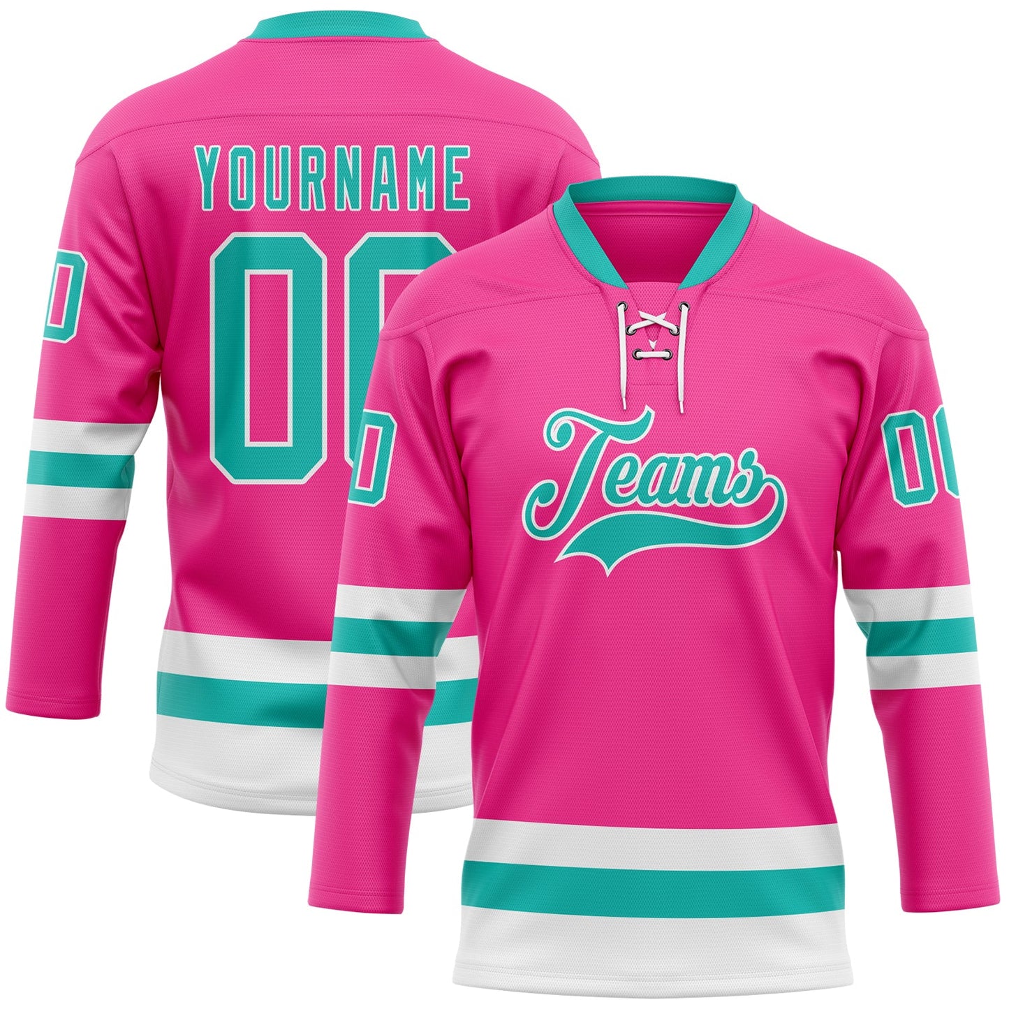 Custom Pink Aqua-White Hockey Lace Neck Jersey - Main View