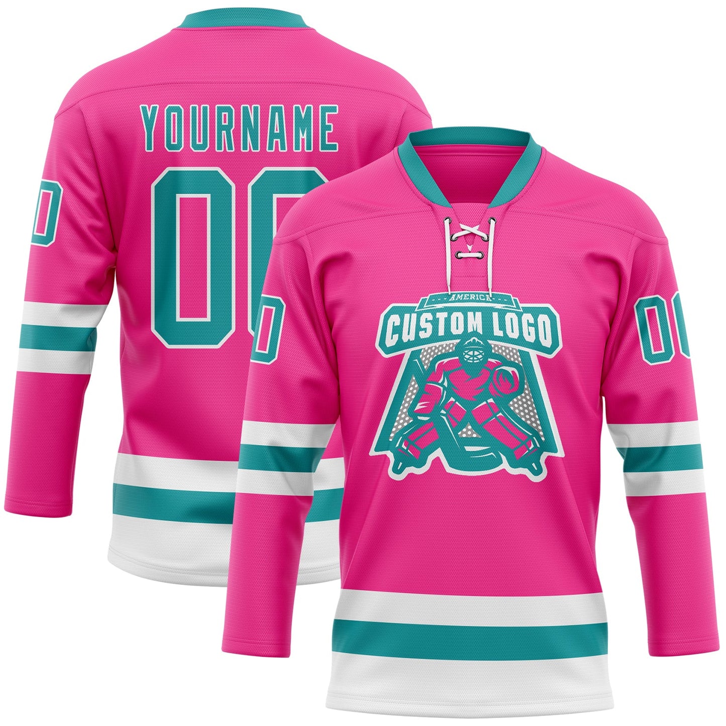 Custom Pink Teal-White Hockey Lace Neck Jersey view 2