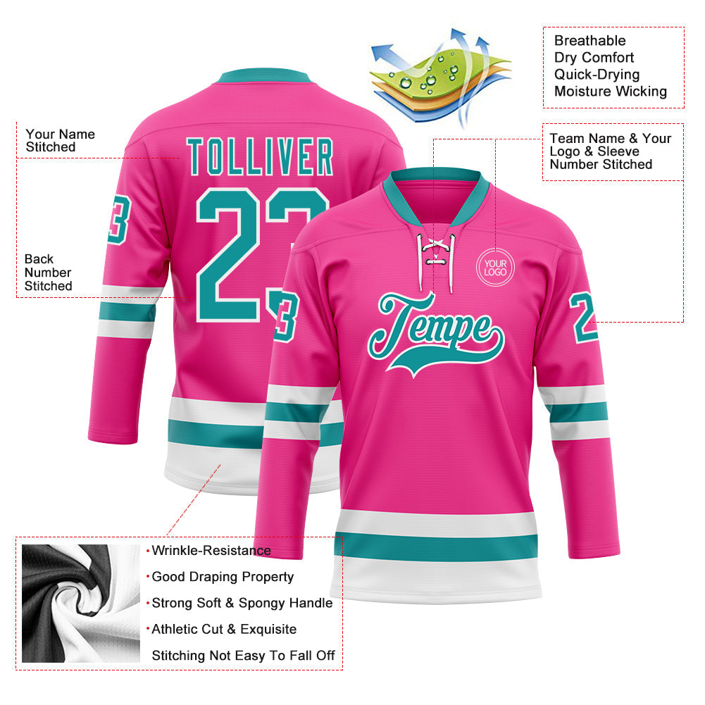 Custom Pink Teal-White Hockey Lace Neck Jersey view 3