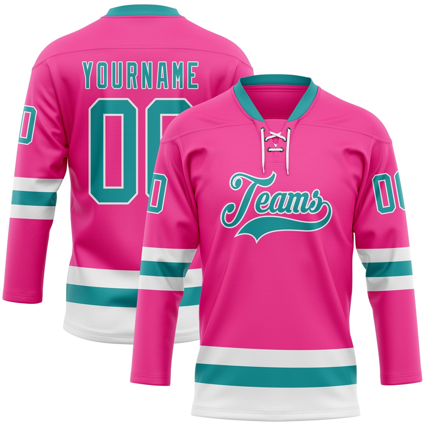 Custom Pink Teal-White Hockey Lace Neck Jersey - Main View