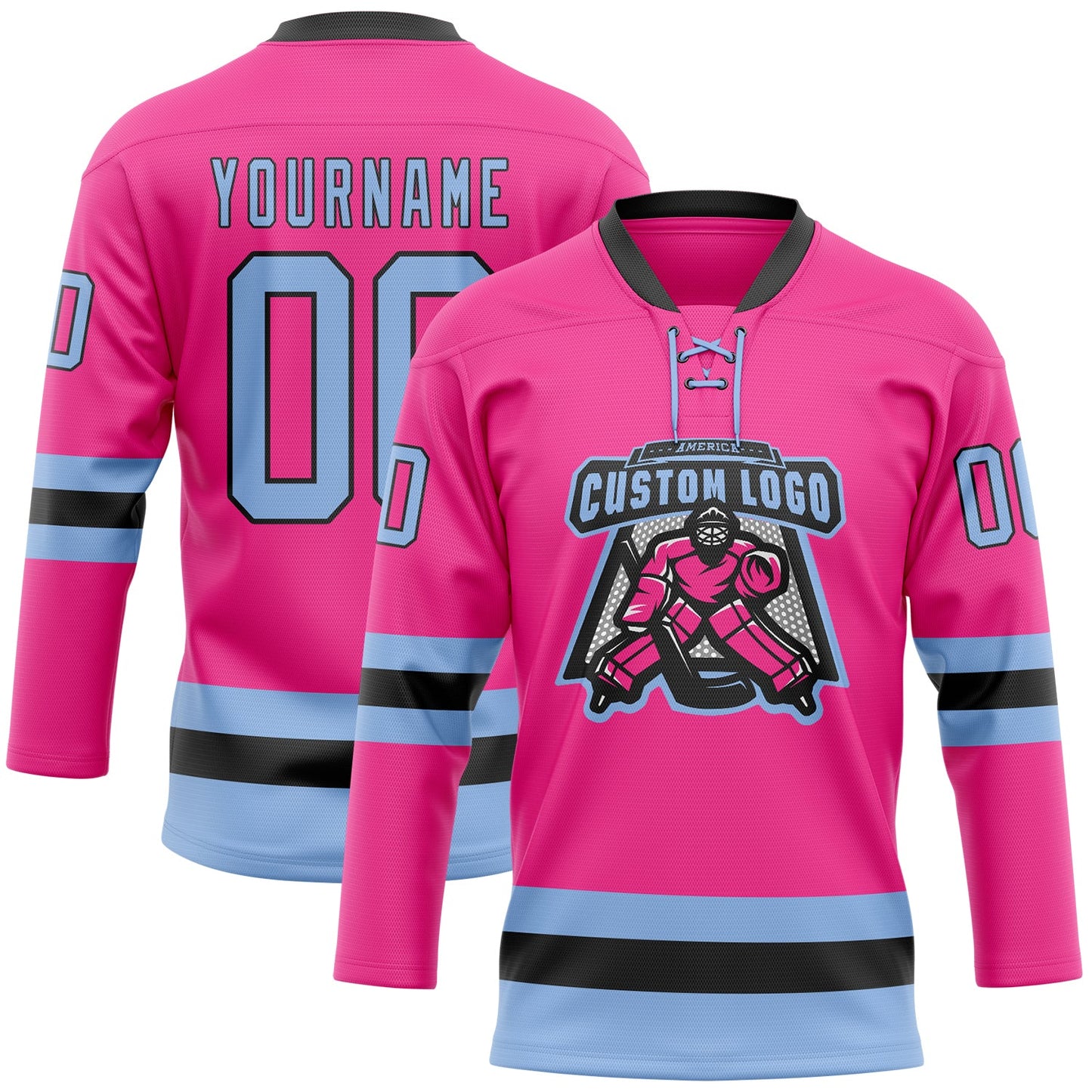 Custom Pink Light Blue-Black Hockey Lace Neck Jersey view 2