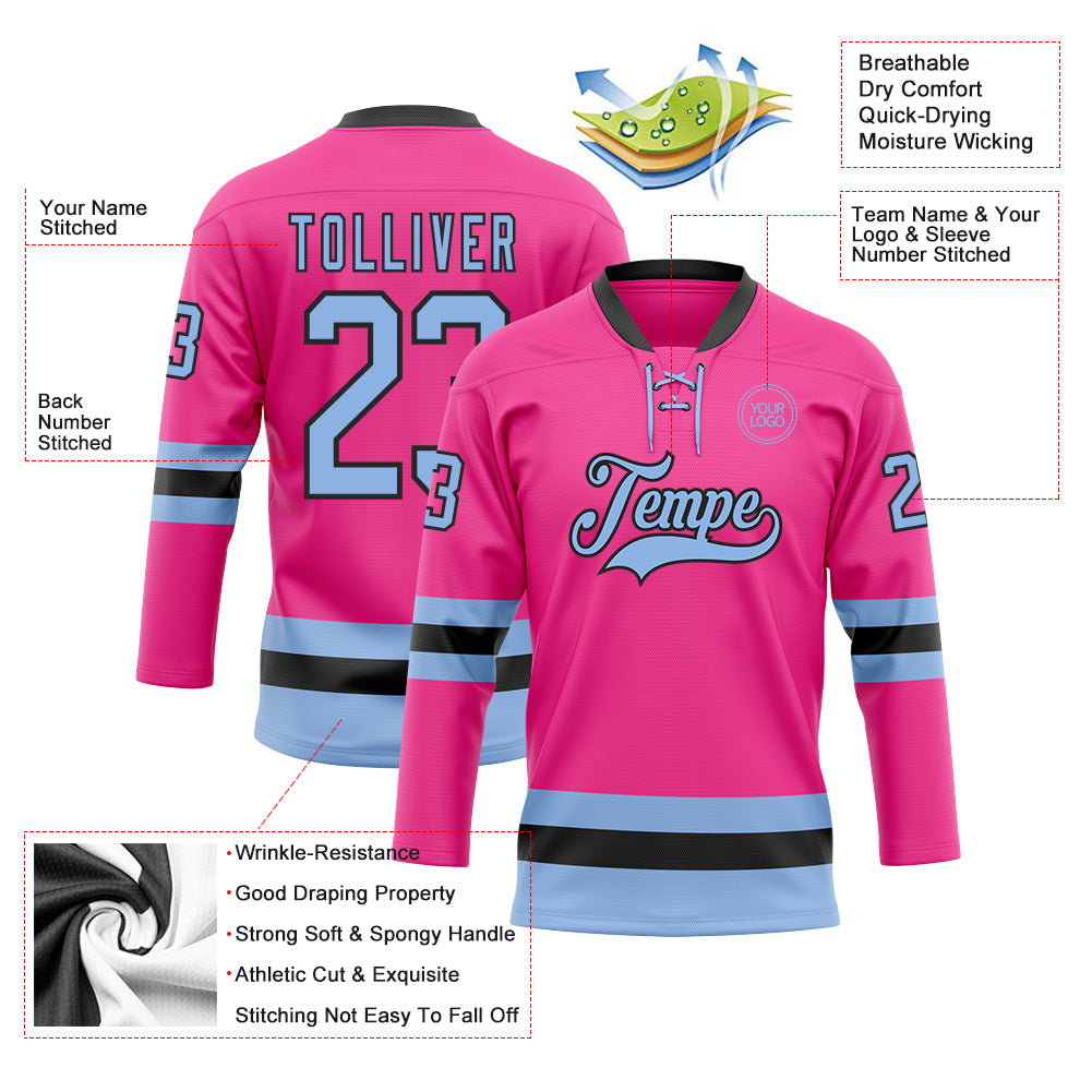 Custom Pink Light Blue-Black Hockey Lace Neck Jersey view 3