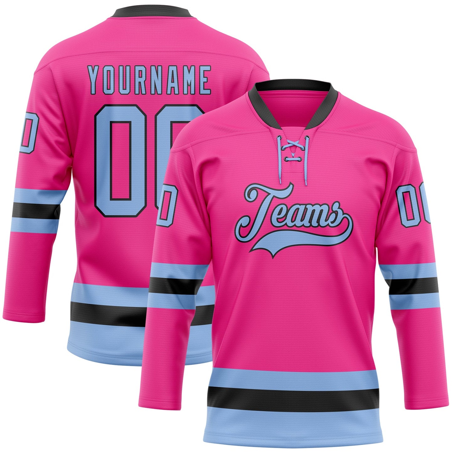 Custom Pink Light Blue-Black Hockey Lace Neck Jersey - Main View