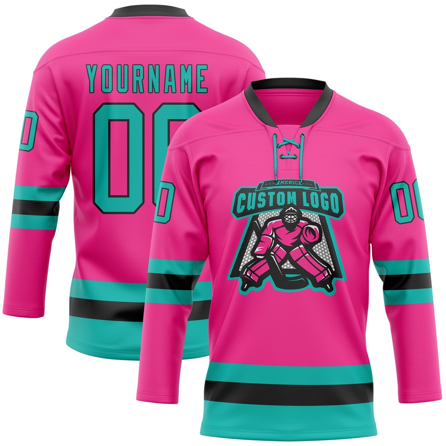 Custom Pink Aqua-Black Hockey Lace Neck Jersey view 2