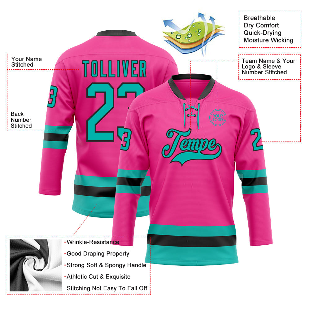 Custom Pink Aqua-Black Hockey Lace Neck Jersey view 3