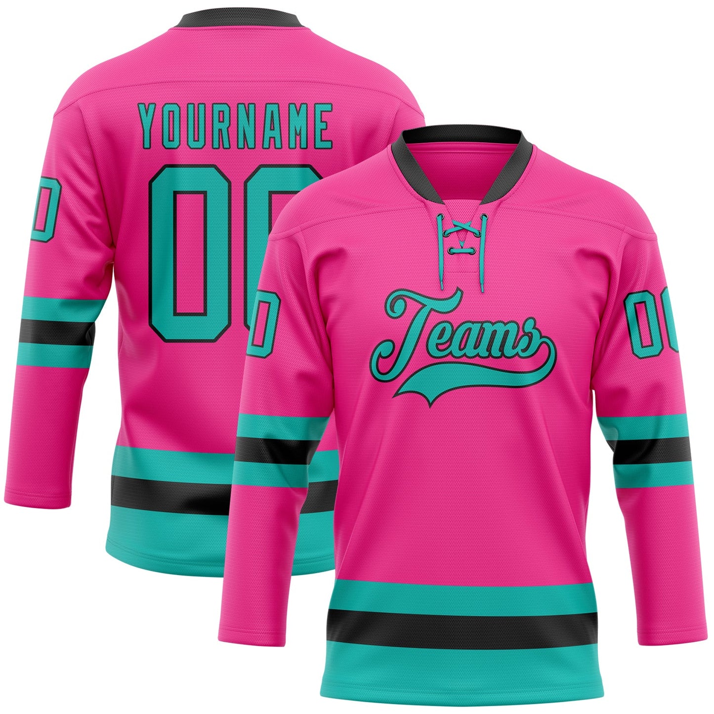 Custom Pink Aqua-Black Hockey Lace Neck Jersey - Main View