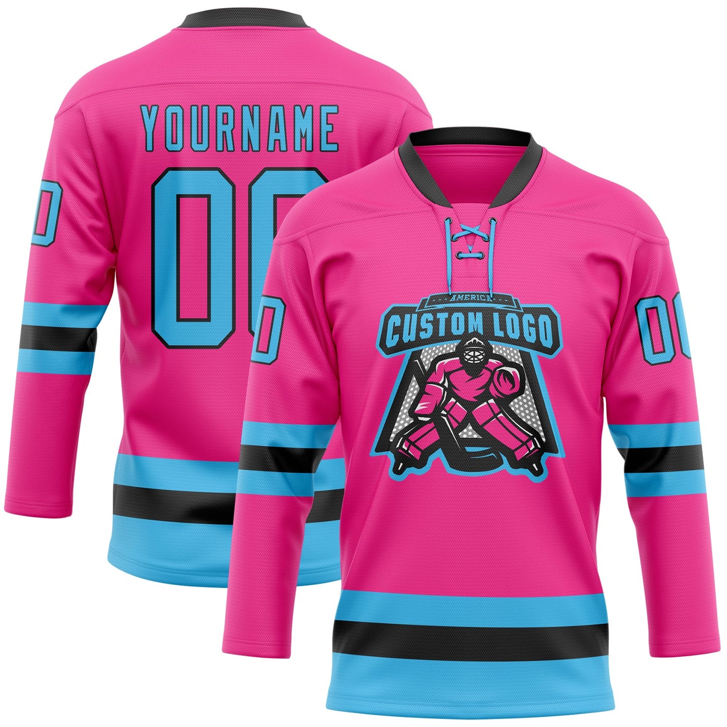 Custom Pink Sky Blue-Black Hockey Lace Neck Jersey view 2