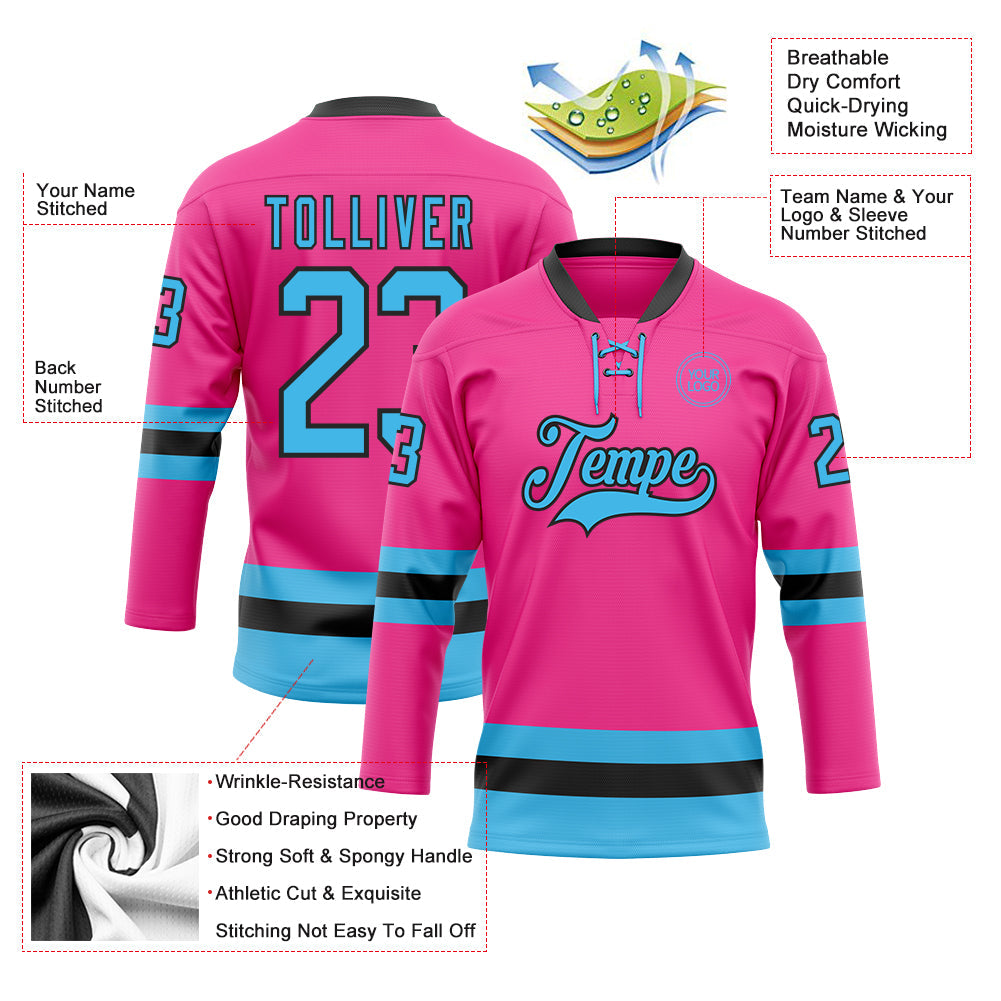 Custom Pink Sky Blue-Black Hockey Lace Neck Jersey view 3