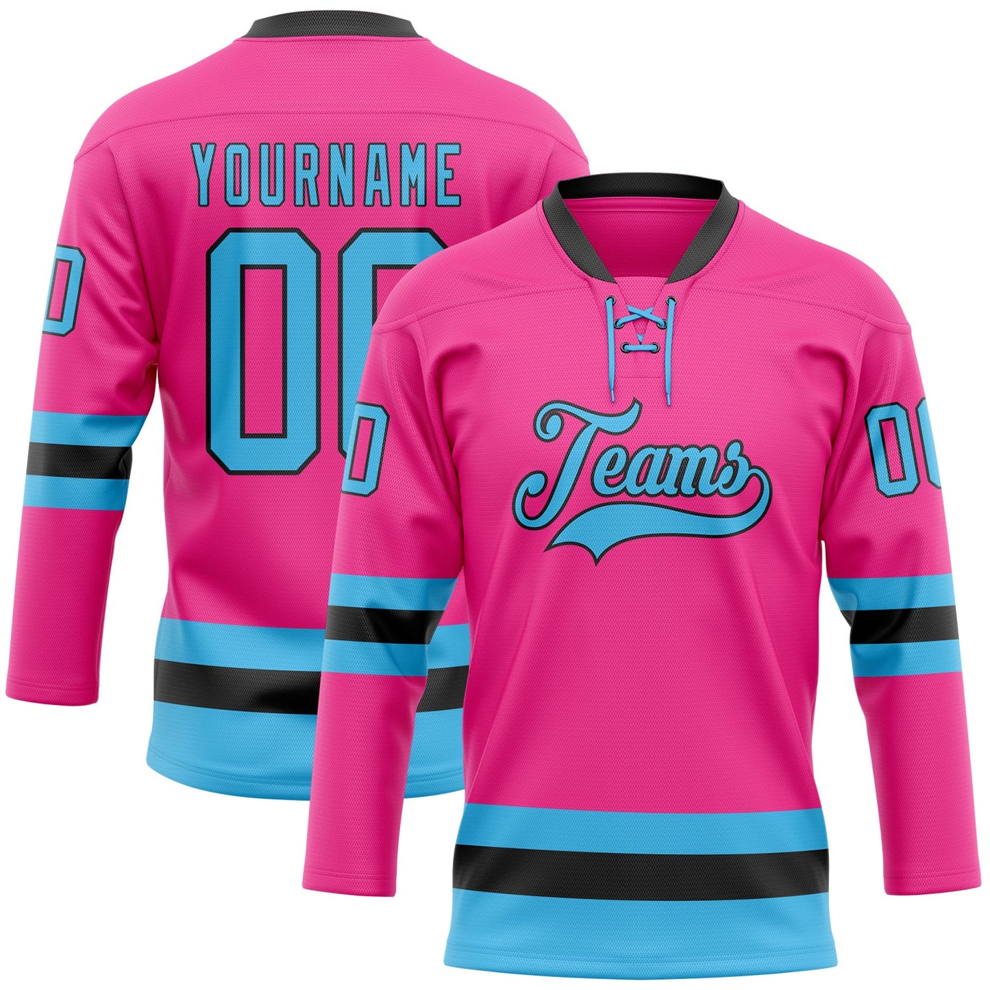 Custom Pink Sky Blue-Black Hockey Lace Neck Jersey - Main View