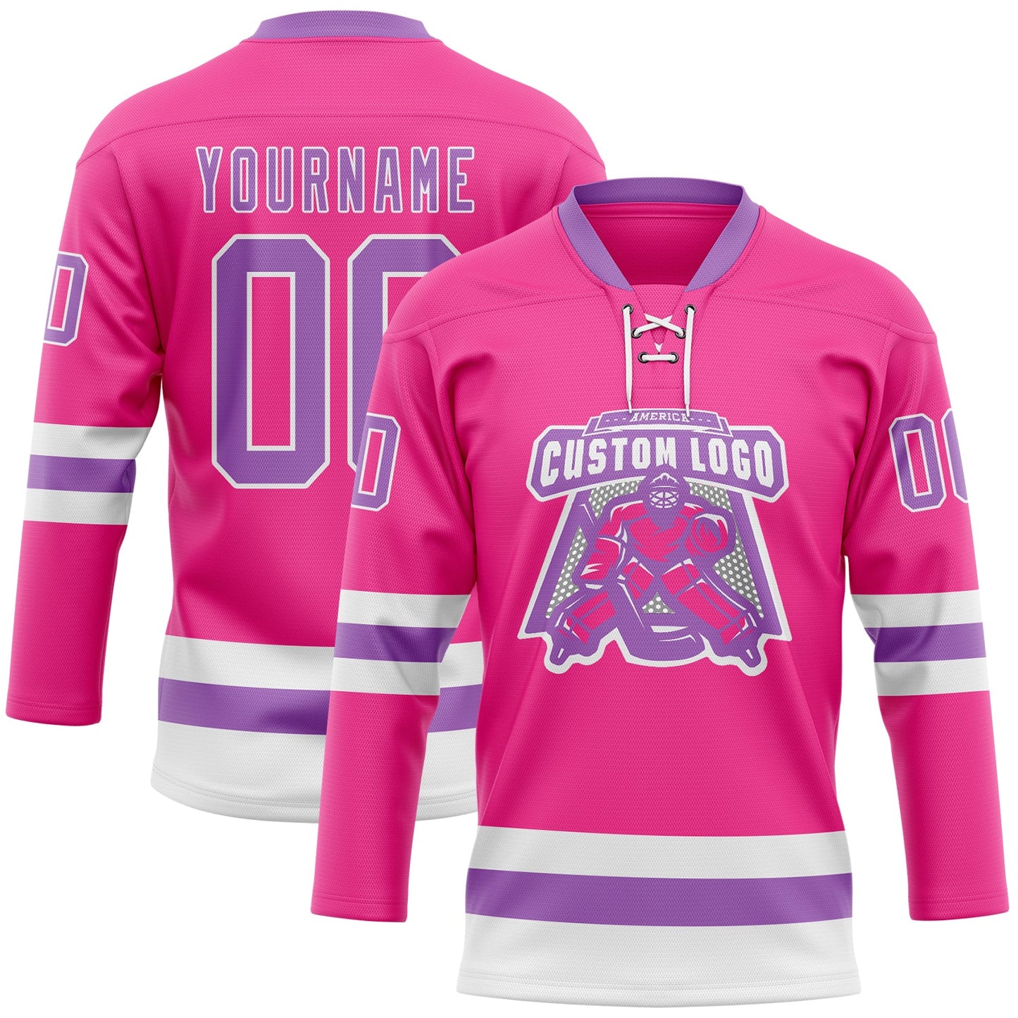Custom Pink Medium Purple-White Hockey Lace Neck Jersey view 2