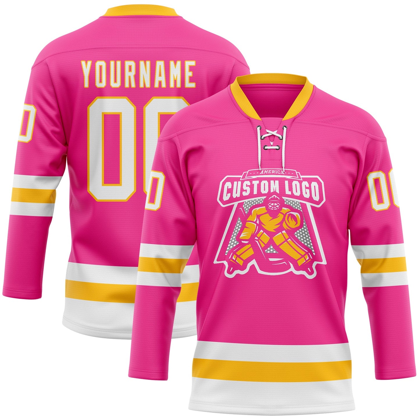 Custom Pink White-Gold Hockey Lace Neck Jersey view 2
