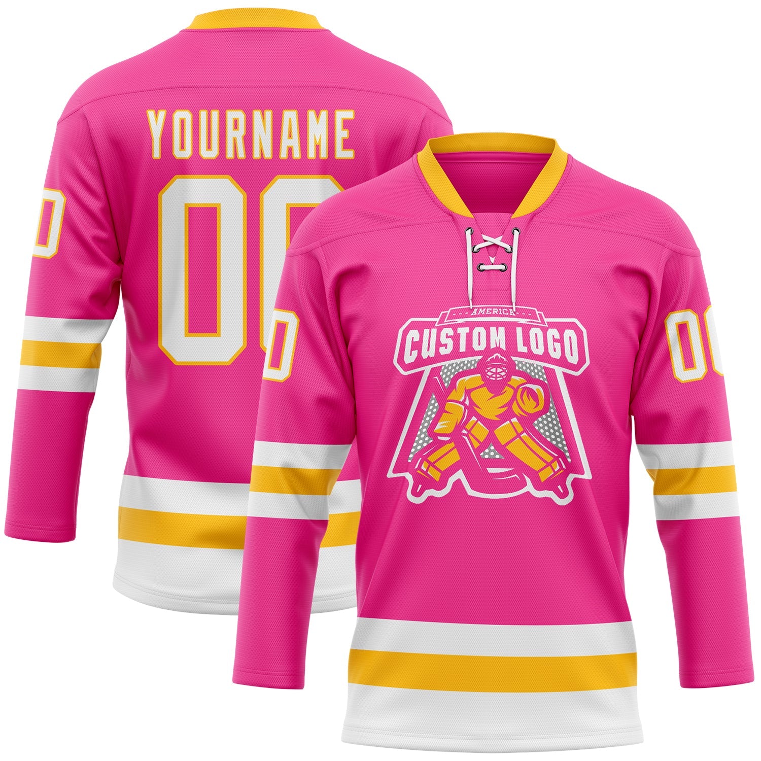 Custom Pink White-Gold Hockey Lace Neck Jersey view 2