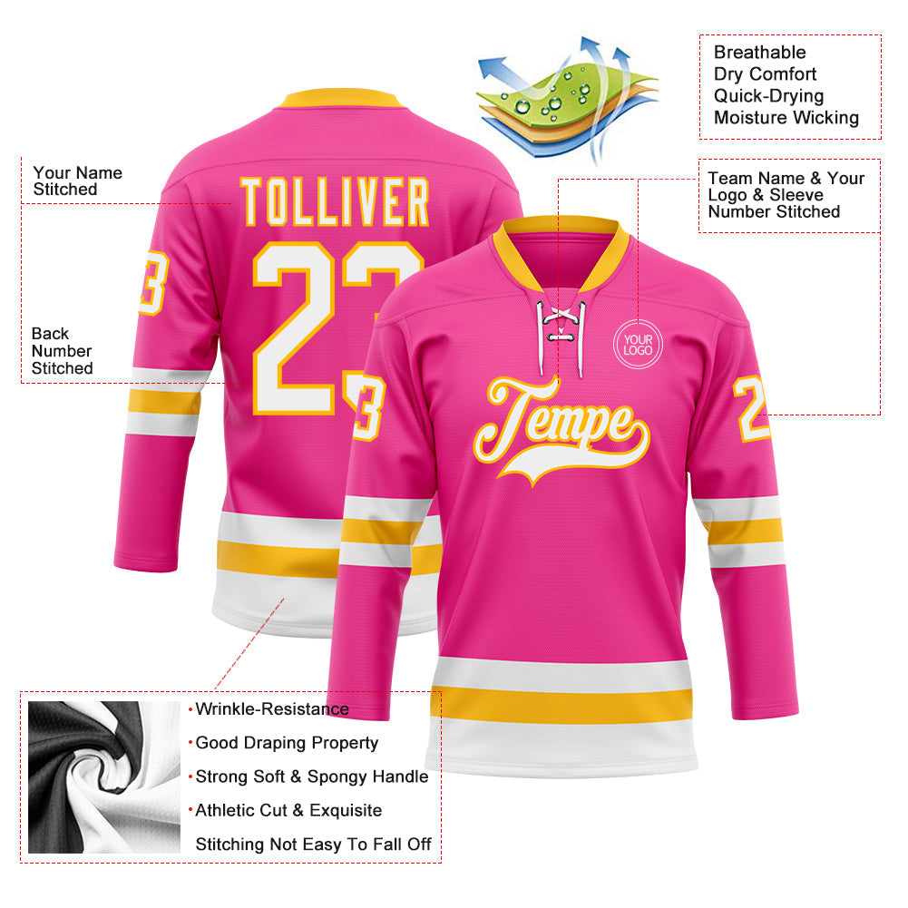 Custom Pink White-Gold Hockey Lace Neck Jersey view 3