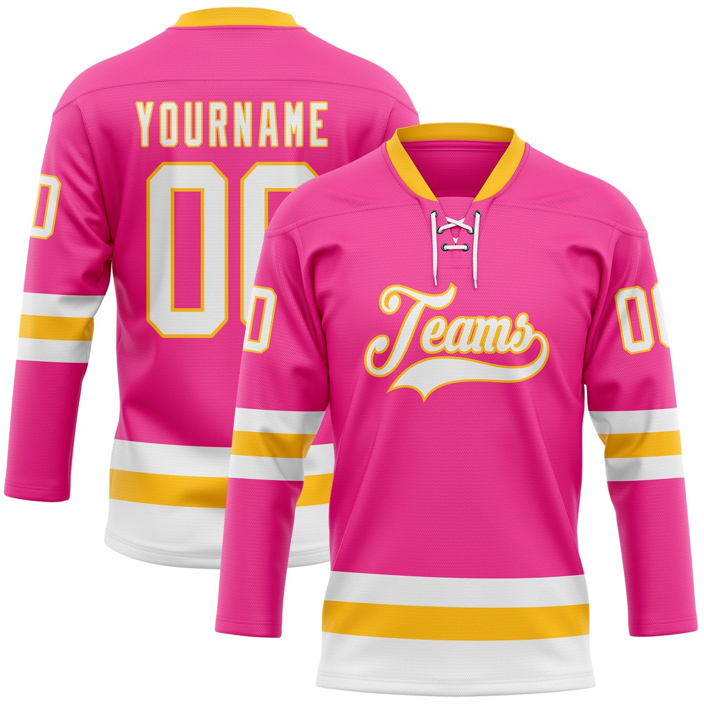 Custom Pink White-Gold Hockey Lace Neck Jersey - Main View
