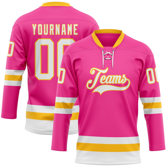 Custom Pink White-Gold Hockey Lace Neck Jersey - Main View