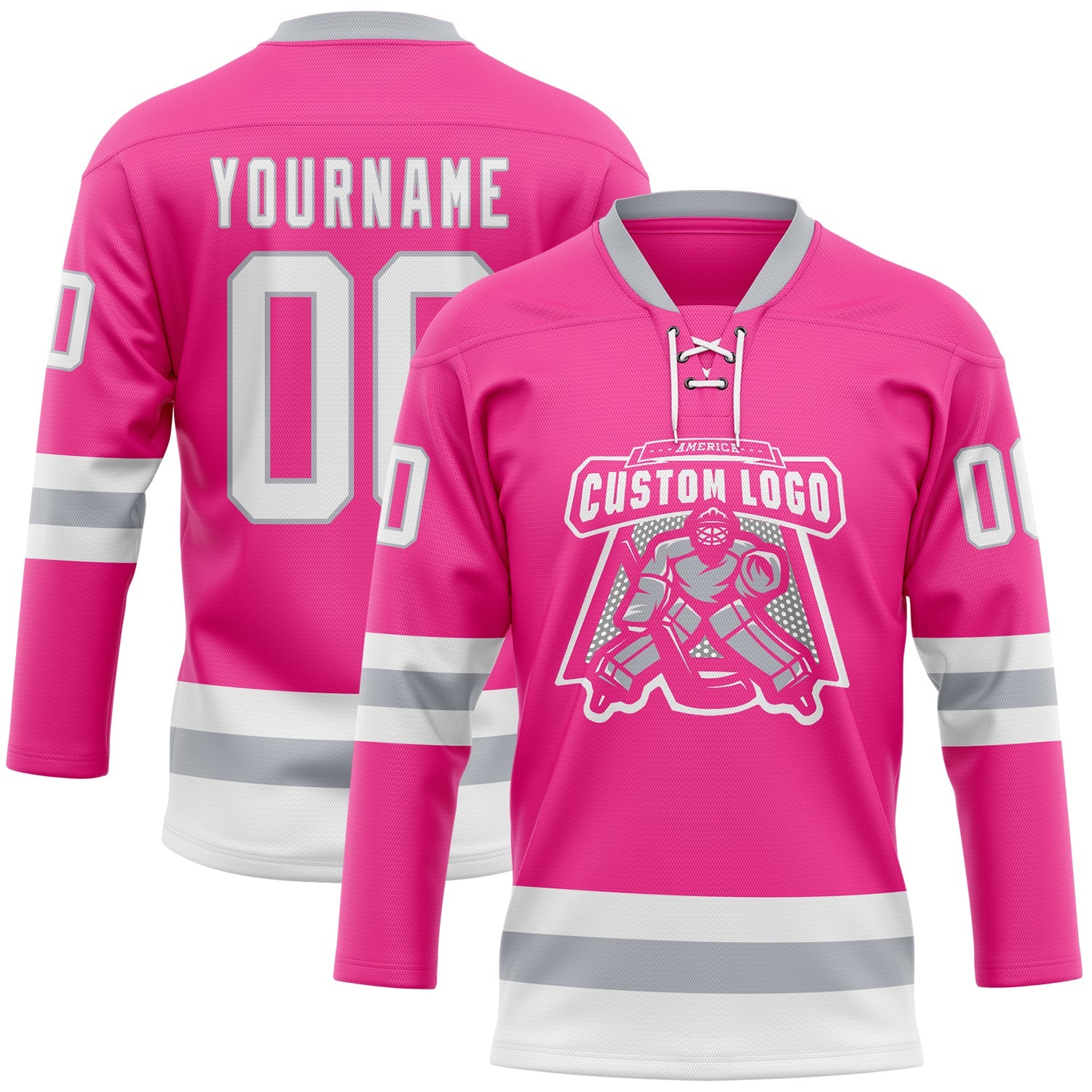 Custom Pink White-Gray Hockey Lace Neck Jersey view 2