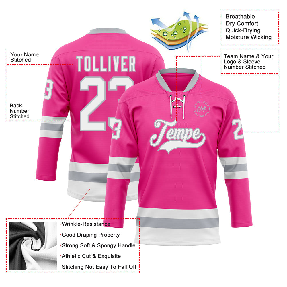 Custom Pink White-Gray Hockey Lace Neck Jersey view 3