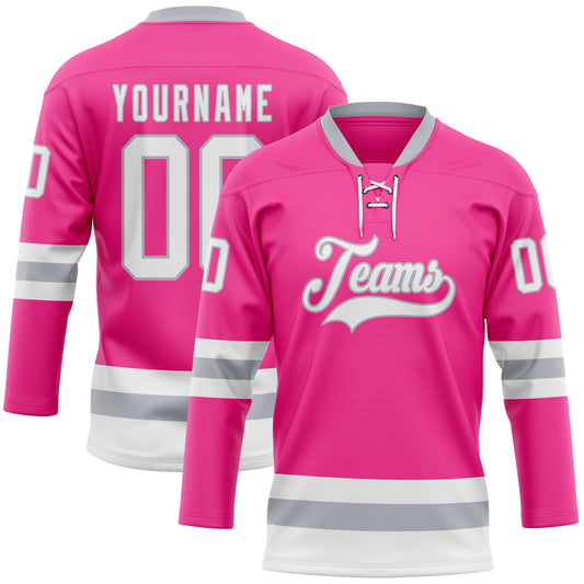 Custom Pink White-Gray Hockey Lace Neck Jersey - Main View