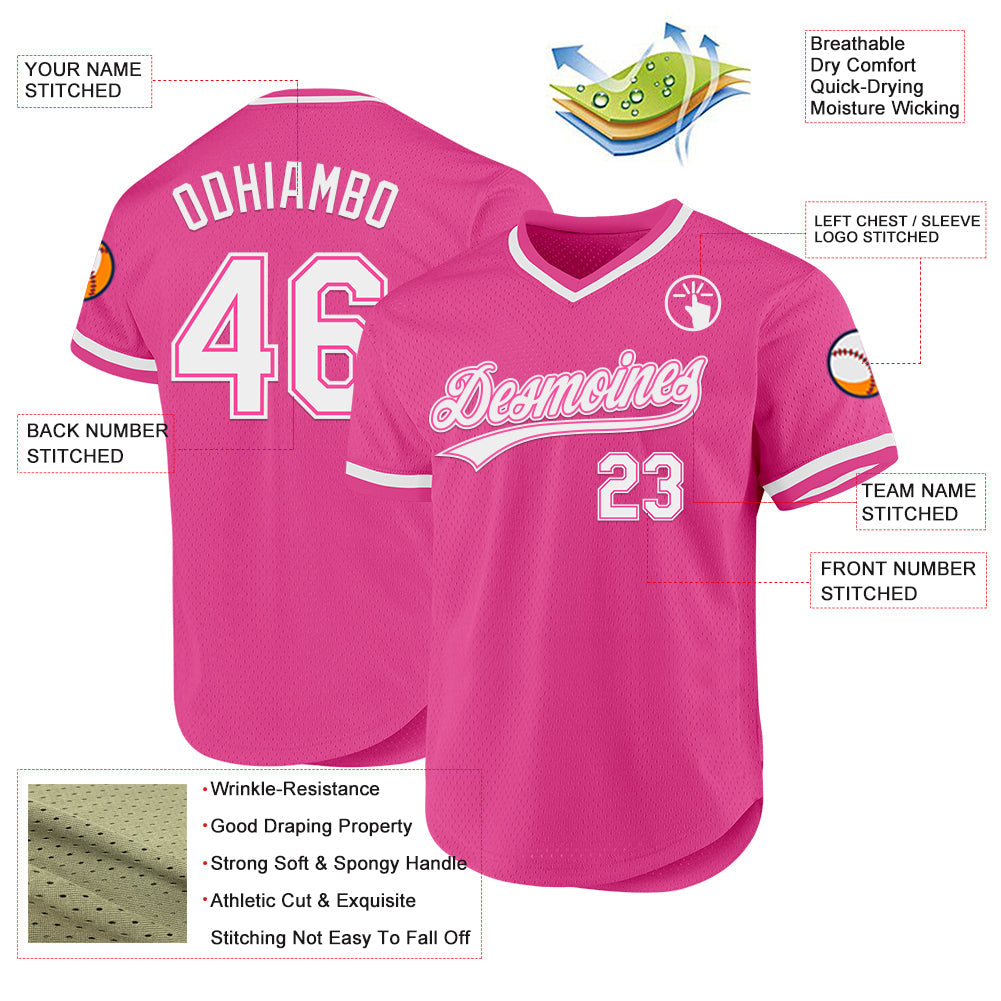 Custom Pink White Authentic Throwback Baseball Jersey view 3