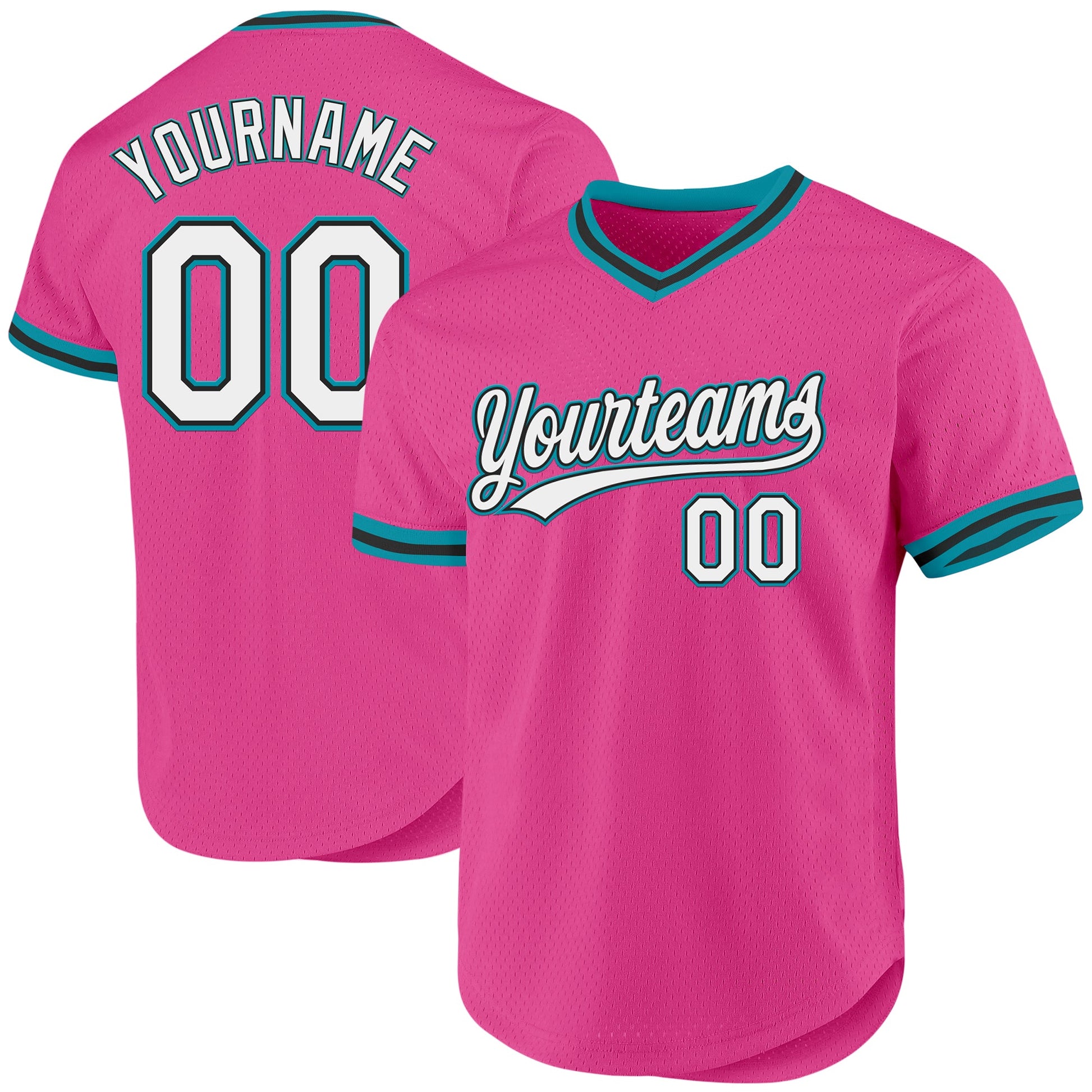 Custom Pink Black-Teal Authentic Throwback Baseball Jersey - Main View